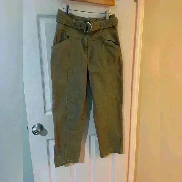 H&M women’s  size 8 belted wide leg khaki green paper bag pant high waist - Picture 1 of 10